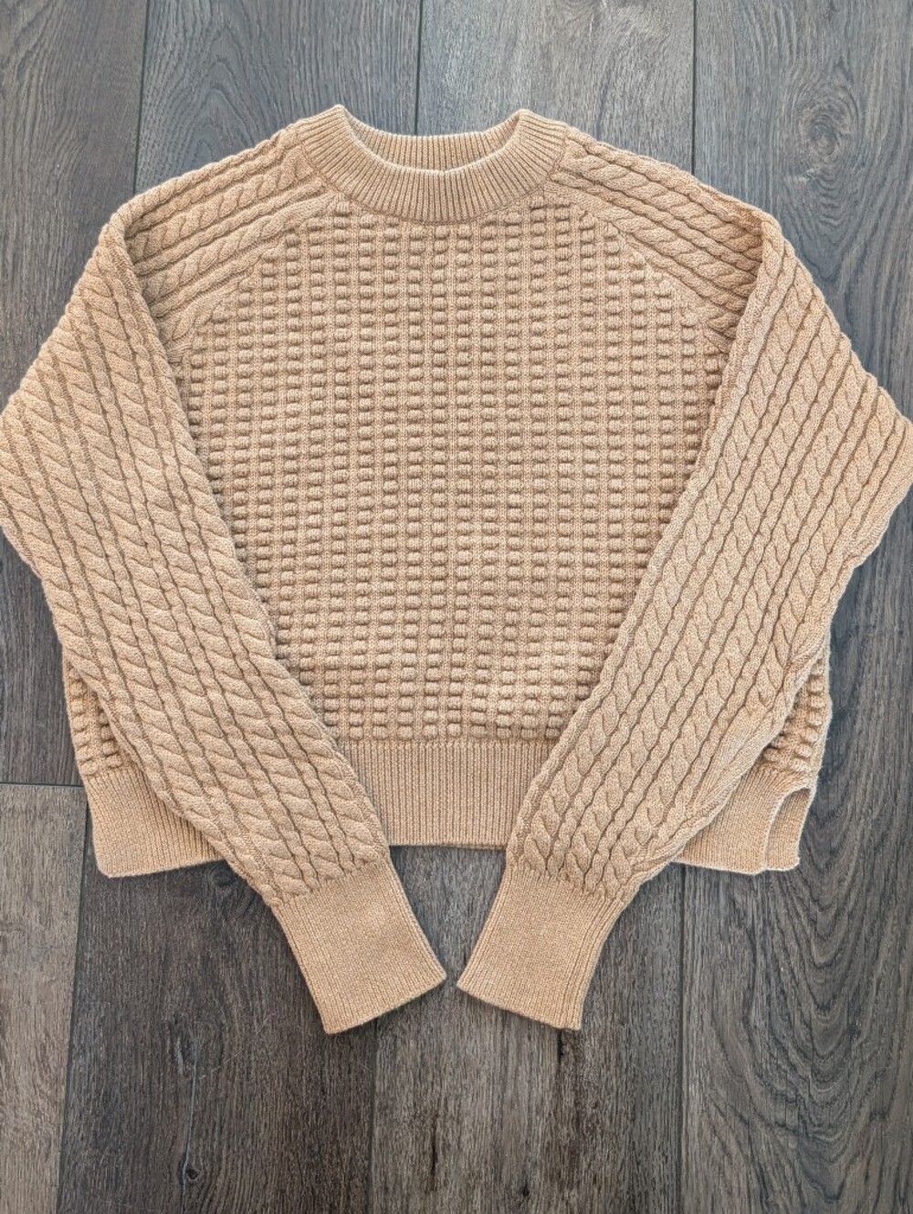 French Connection Cable Knit Crewneck Sweater In Camel Brown